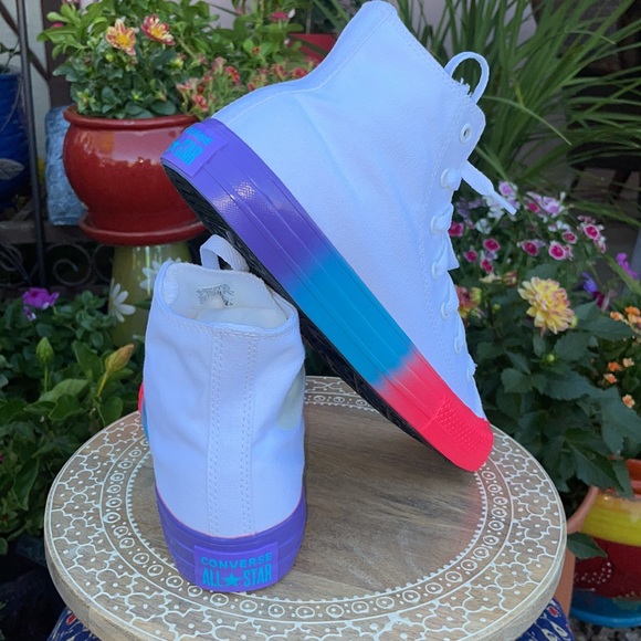 New White & Two-Tone Neon Pink & Turquoise Converse Hi Top Sneakers - Picture 10 of 13